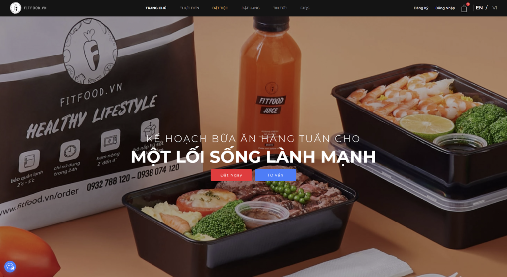 Giao diện website FitFood giới thiệu các suất ăn Eat Clean và kế hoạch bữa ăn lành mạnh cho người bận rộn